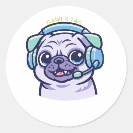 Benutzerdefinierter Gamer-Pug-Hund-Gaming-Headset- Runder Aufkleber