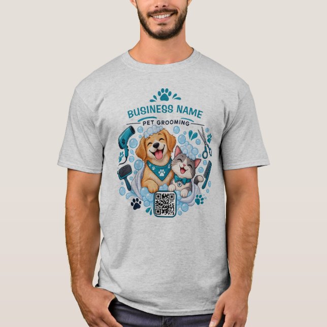 Benutzerdefinierter Geschäftsname & QR-Code Hund & T-Shirt (Vorderseite)
