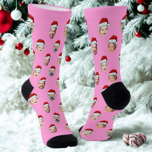 Benutzerdefinierter Gesicht Santa Hut Rosa Socken, Socken