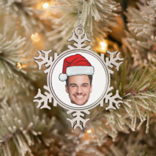 Benutzerdefinierter Gesichtsfoto Weihnachtsmann Hu Schneeflocken Zinn-Ornament