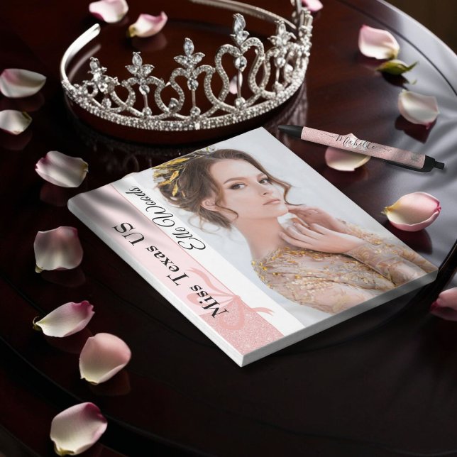 Benutzerdefinierter Glitzer-Pad für Pastell Notizblock (This custom pageant autograph pad features your name, title and photo, with rose gold glitter border)