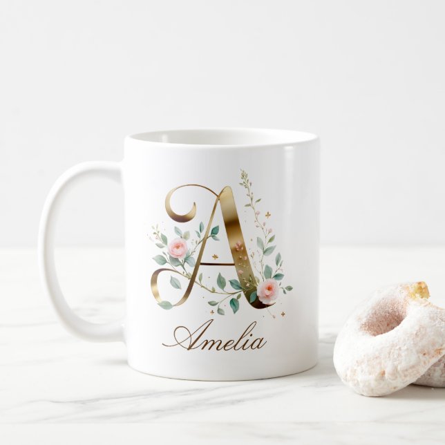 Benutzerdefinierter Gold-Blumen-Initiale-A-Tasse Kaffeetasse (Mit Donut)