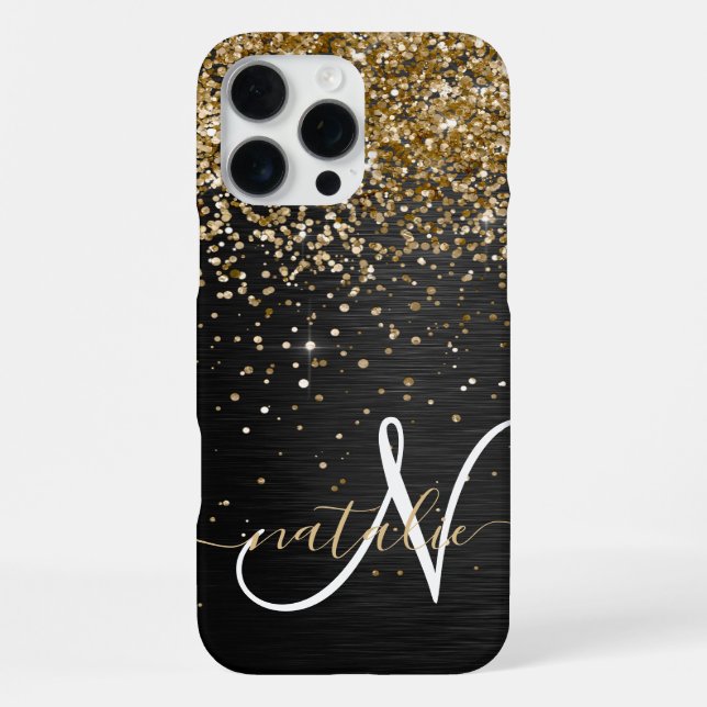 Benutzerdefinierter Gold Glitter Schwarz Glanz Mon iPhone Hülle (Rückseite)