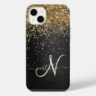 Benutzerdefinierter Gold Glitter Schwarz Glanz Mon iPhone 14 Plus Hülle