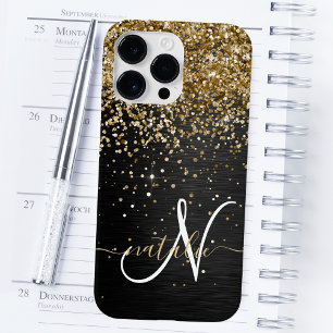 Benutzerdefinierter Gold-Glitter Schwarz Glanz Mon iPhone 14 Pro Max Hülle