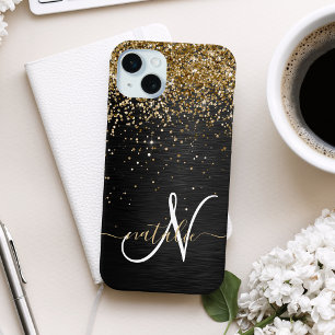 Benutzerdefinierter Gold-Glitter Schwarz Glanz Mon iPhone 15 Plus Hülle