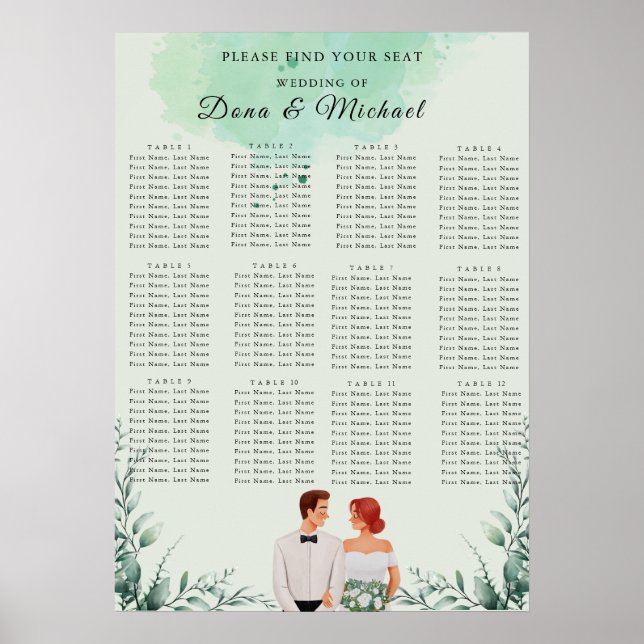 Benutzerdefinierter grüner Aquarell-Hochzeitssitzp Poster (Vorne)