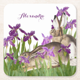 Benutzerdefinierter Hase Kaninchen Lila Iris Blume Rechteckiger Pappuntersetzer