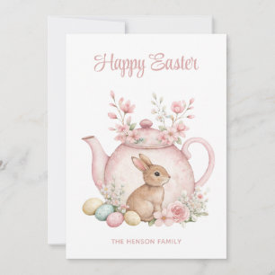 Benutzerdefinierter Hase & Rosa Blumen Teekanne Fr Feiertagskarte