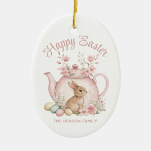 Benutzerdefinierter Hase & Rosa Blumen Teekanne Fr Keramik Ornament