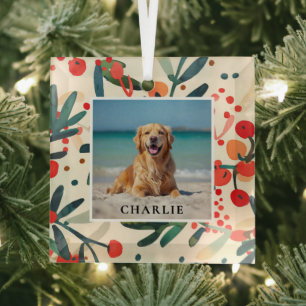 Benutzerdefinierter Haustiername Foto Holly Beeren Ornament Aus Glas