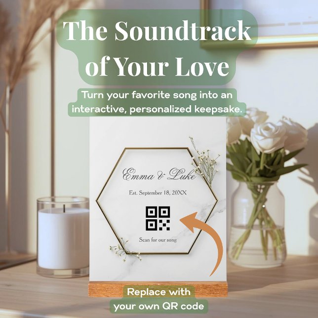 Benutzerdefinierter Hochzeitslied QR-Code Hochzeit Acrylschild (Custom wedding song QR code acrylic block. Personalized anniversary gift with a wood stand.)