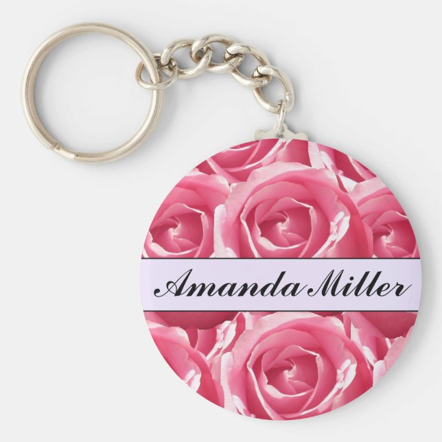 Benutzerdefinierter Hübsch rosa Rosenname, Initial Schlüsselanhänger (Vorne)
