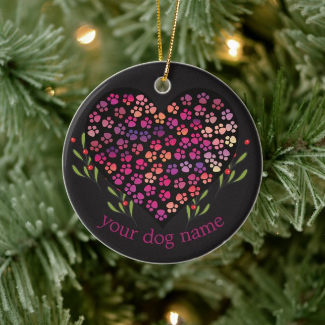 Benutzerdefinierter Hundename, Hunde Paw Heart Blä Keramik Ornament (Baum)