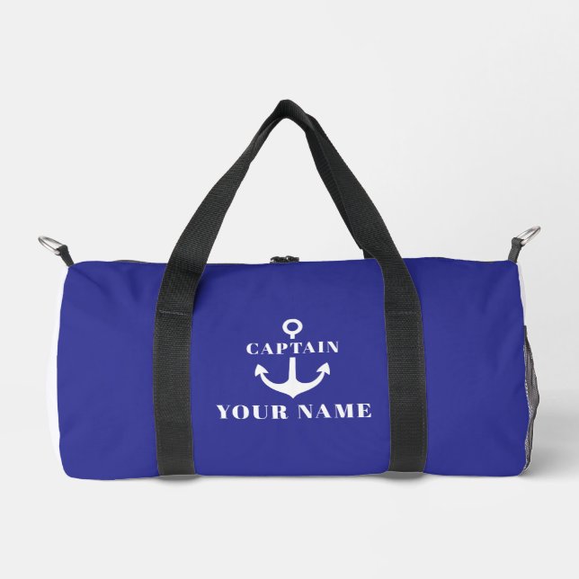Benutzerdefinierter Kapitänsname Anker Blau Duffle Bag (Vorderseite)