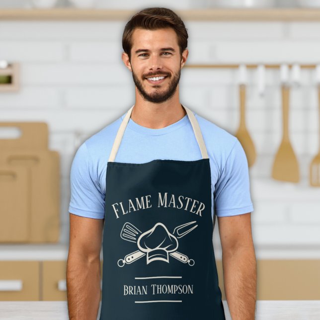Benutzerdefinierter Koch für Männer GRILLEN-Schürz Schürze ("Flame Master" customizable men's apron BBQ chef hat with custom name navy blue & cream gift for men)