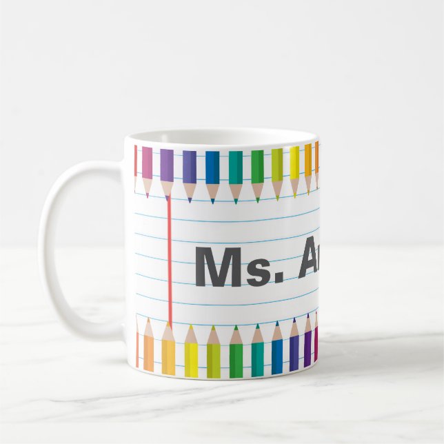 Benutzerdefinierter Lehrername Bunte Stifte Tasse (Links)