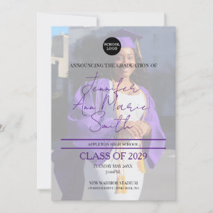 Benutzerdefinierter Lila Abschluss mit Back-Foto Einladung