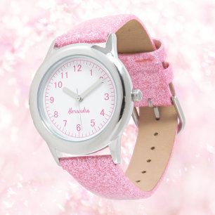 Benutzerdefinierter Mädchenname Rosa Glitzer-Spann Armbanduhr