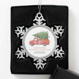 Benutzerdefinierter moderner Feuerwehrmann Weihnac Schneeflocken Zinn-Ornament
