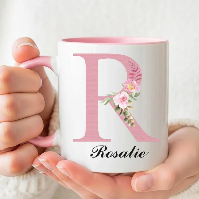 Benutzerdefinierter Monogramm-Becher mit rosa Rose Tasse (Personalized Rose Mug Christmas Gift for Her, Floral Monogram Coffee Mug Thank You Gift for Her)