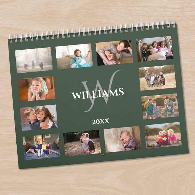 Benutzerdefinierter Monogramm-Name Grün Foto Kalender (Custom Monogram Name Green Photo Calendar in situ)