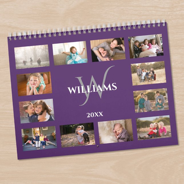 Benutzerdefinierter Monogramm-Name Lila Foto Kalender (Custom Monogram Name Purple Photo Calendar in situ)