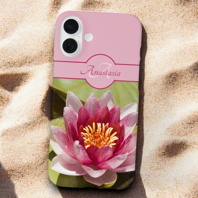 Benutzerdefinierter Monogramm Name Pink Water Lily Case-Mate iPhone Hülle (Water lily photo template text phone case back)