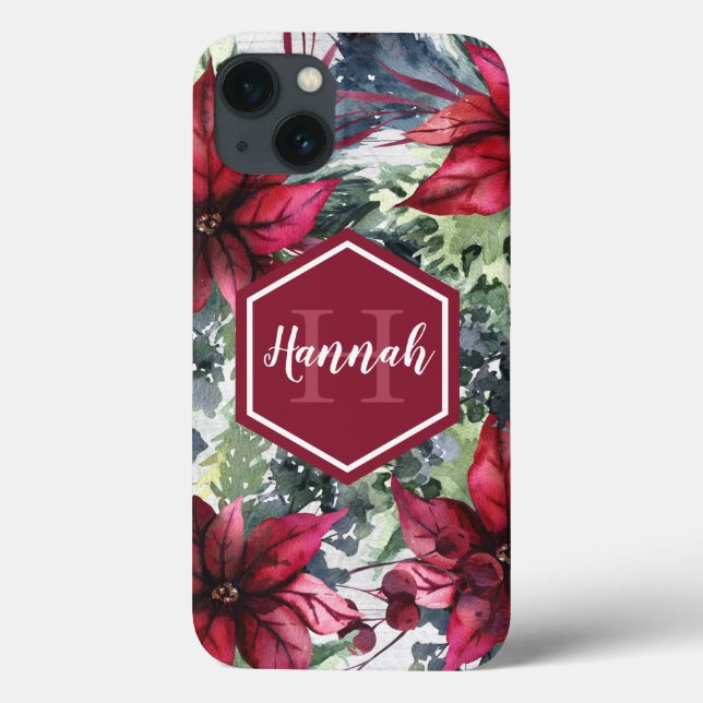 Benutzerdefinierter Monogrammname Red Poinsettia Case-Mate iPhone Hülle (Rückseite)