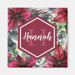 Benutzerdefinierter Monogrammname Red Poinsettia Magnet