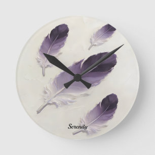 Benutzerdefinierter Name 3D Lila Lavendel Feder Mo Runde Wanduhr