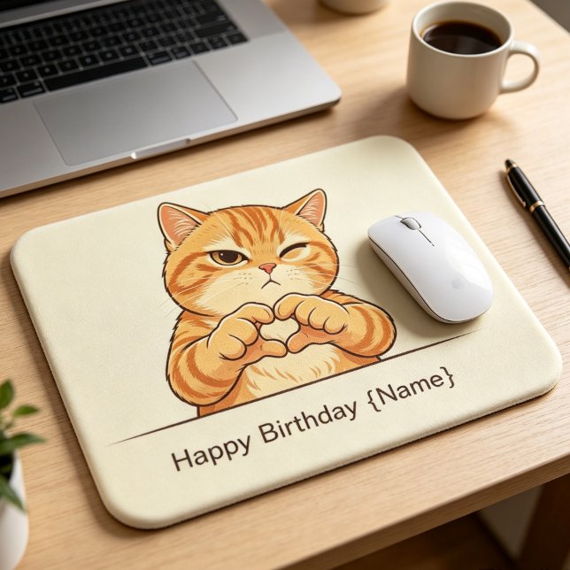 Benutzerdefinierter Name Alles Gute zum Geburtstag Mousepad (Cute orange cat birthday office mouse pad, personalized desk decor and fun gift for cat lovers.)