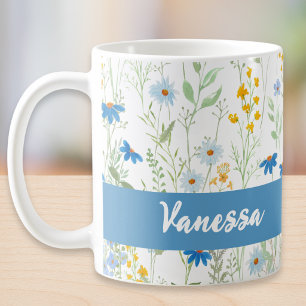 Benutzerdefinierter Name Blaue Aquarell-Wildblumen Kaffeetasse