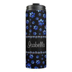 Benutzerdefinierter Name, blaue glitzernde Hundepf Thermosbecher