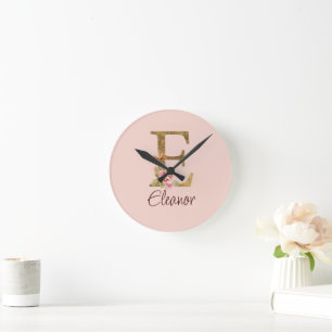 Benutzerdefinierter Name Buchstabe E Goldfolie Ros Runde Wanduhr