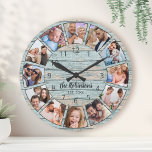 Benutzerdefinierter Name der FotoCollage Natural W Große Wanduhr<br><div class="desc">Erstellen Sie einfach Ihre eigene personalisierte blaue,  rustikale Trittholzplanken im Stil eines Seehauses mit Wanduhr mit Ihren individuellen Fotos,  Familiennamen und festem Jahr. Um die besten Ergebnisse zu erzielen,  schneiden Sie die Bilder vor dem Hochladen auf Quadrat - mit dem Fokuspunkt in der Mitte.</div>