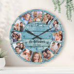 Benutzerdefinierter Name der FotoCollage Natural W Runde Wanduhr<br><div class="desc">Erstellen Sie einfach Ihre eigene personalisierte blaue,  rustikale Trittholzplanken im Stil eines Seehauses mit Wanduhr mit Ihren individuellen Fotos,  Familiennamen und festem Jahr. Um die besten Ergebnisse zu erzielen,  schneiden Sie die Bilder vor dem Hochladen auf Quadrat - mit dem Fokuspunkt in der Mitte.</div>