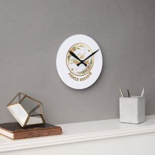 Benutzerdefinierter Name Eid Mubarak Floral Gold M Runde Wanduhr