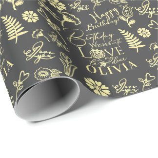 Benutzerdefinierter Name Florale Typografie Geburt Geschenkpapier