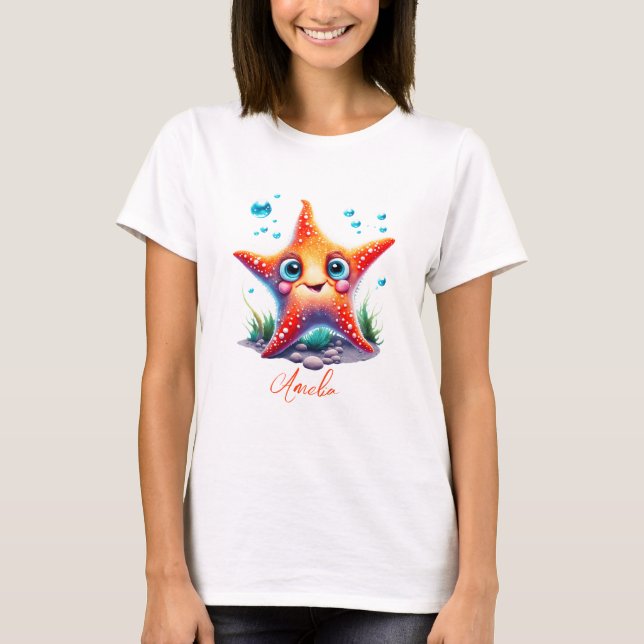 Benutzerdefinierter Name Lächeln Orange Starfish L T-Shirt (Vorderseite)