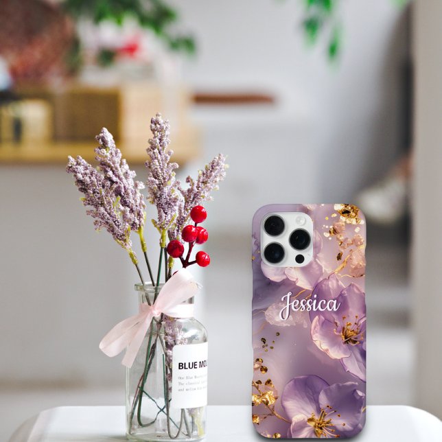 Benutzerdefinierter Name Lavendel Blumen Gold Pers iPhone Hülle (Von Creator hochgeladen)
