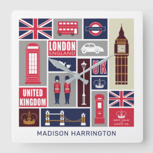 Benutzerdefinierter Name London UK Symbole Quadratische Wanduhr