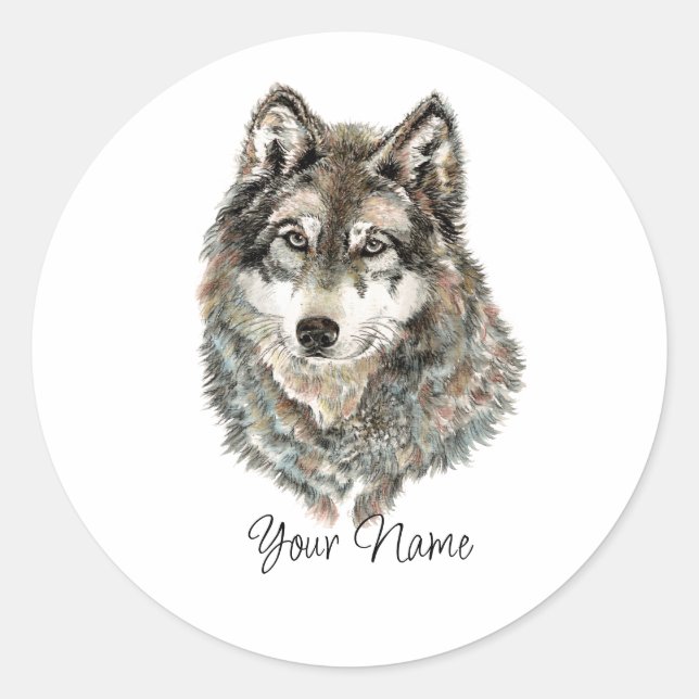 Benutzerdefinierter Name oder Text Wolf Aquarell T Runder Aufkleber (Vorderseite)