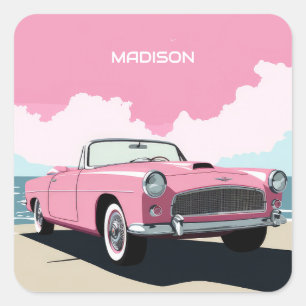 Benutzerdefinierter Name Pink Classic Car Quadratischer Aufkleber