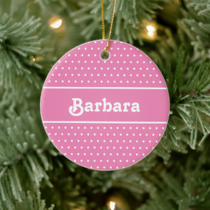 Benutzerdefinierter Name Polka Dot Rosa und Weiß Keramik Ornament