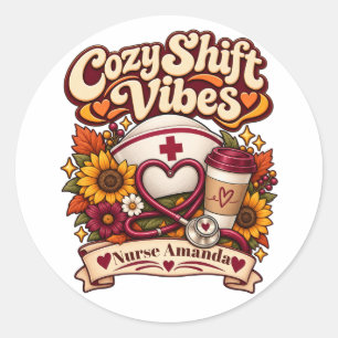 Benutzerdefinierter Name Retro Cozy Nurse Life Kaf Runder Aufkleber