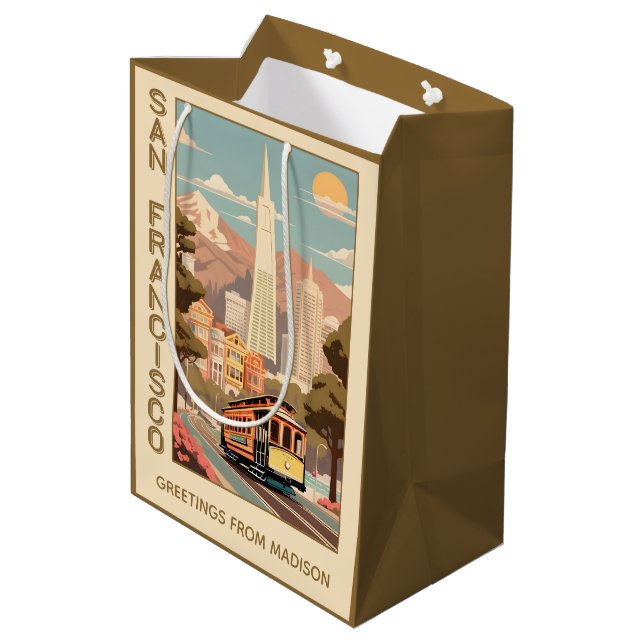 Benutzerdefinierter Name Retro San Francisco Mittlere Geschenktüte (Rückseite Schrägansicht)