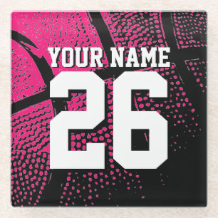 Benutzerdefinierter Name rosa Basketball-Sporttrik Glasuntersetzer