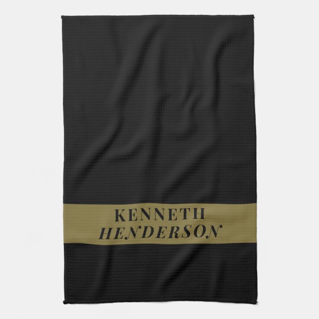 Benutzerdefinierter Name Schwarz Gold Modern Minim Geschirrtuch (Vertikal)