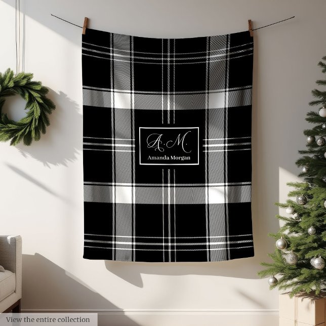 Benutzerdefinierter Name Schwarz Weiß Büffel Karo  Fleecedecke (Custom Name Black White Buffalo Plaid Men's Gift Blanket)